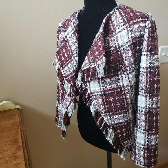 Tweed Blazer Illision lusion Jacket red white blck 6P Open Fringe - Picture 3 of 8